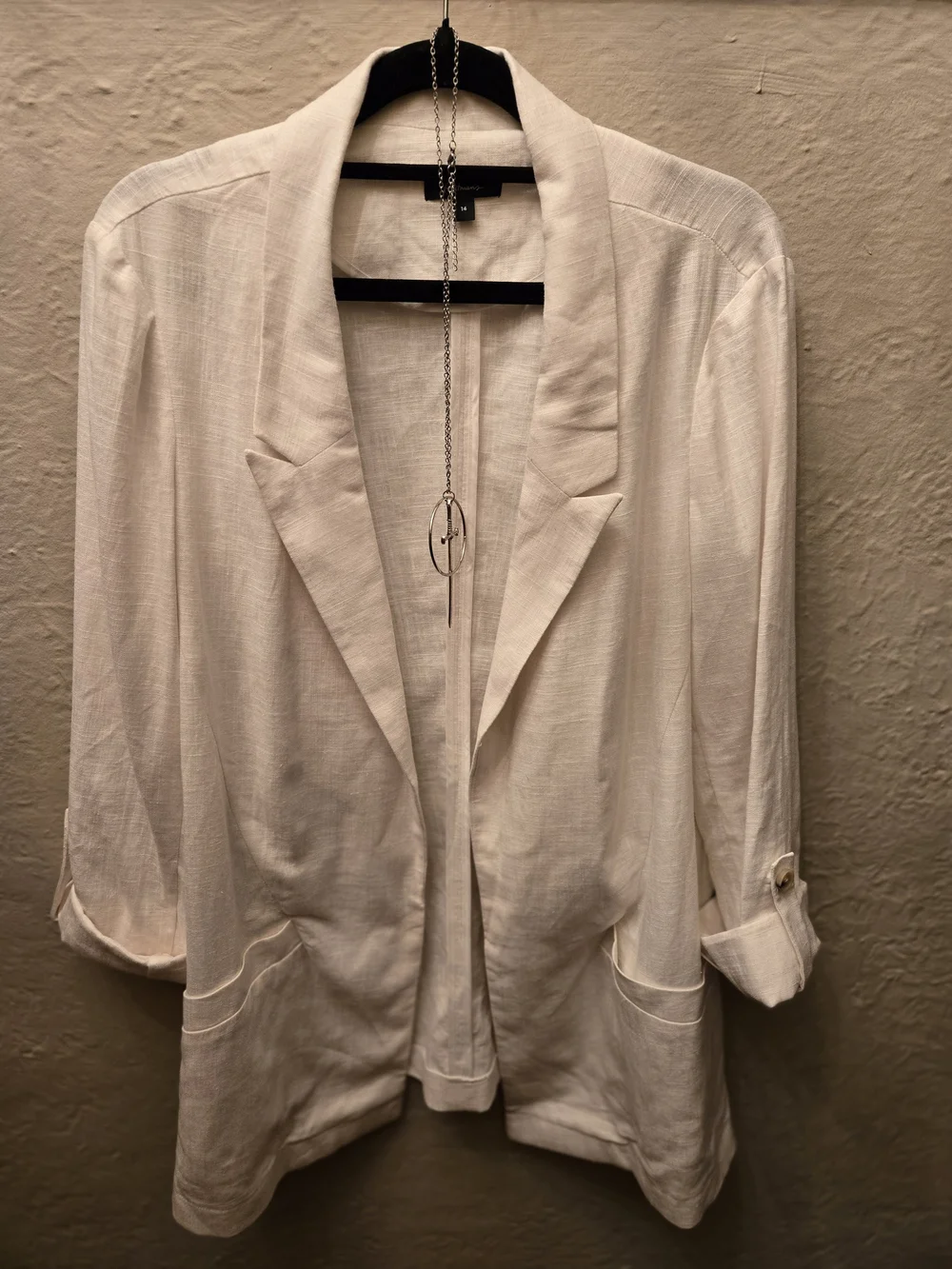 Linen Blend Blazer White Open Front Minimalist Chic Layering Jacket - Picture 3 of 10